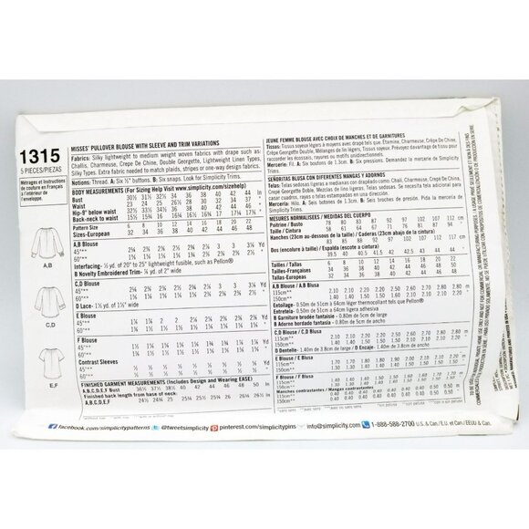 Simplicity Pattern 1315 H5 Size US 6-14 Misses Pullover Blouse Sleeve Trim Vary - Picture 2 of 2